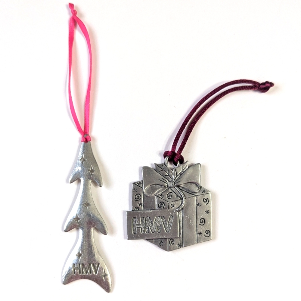 Lot of 2 HMV Music Store Christmas Ornaments - Silver Tone Tree & Present
